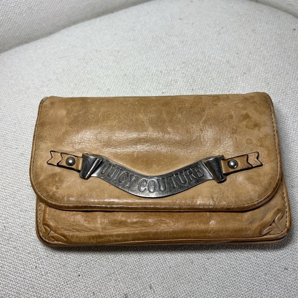 Juicy Couture Tan Leather Clutch with Metal Banner Logo